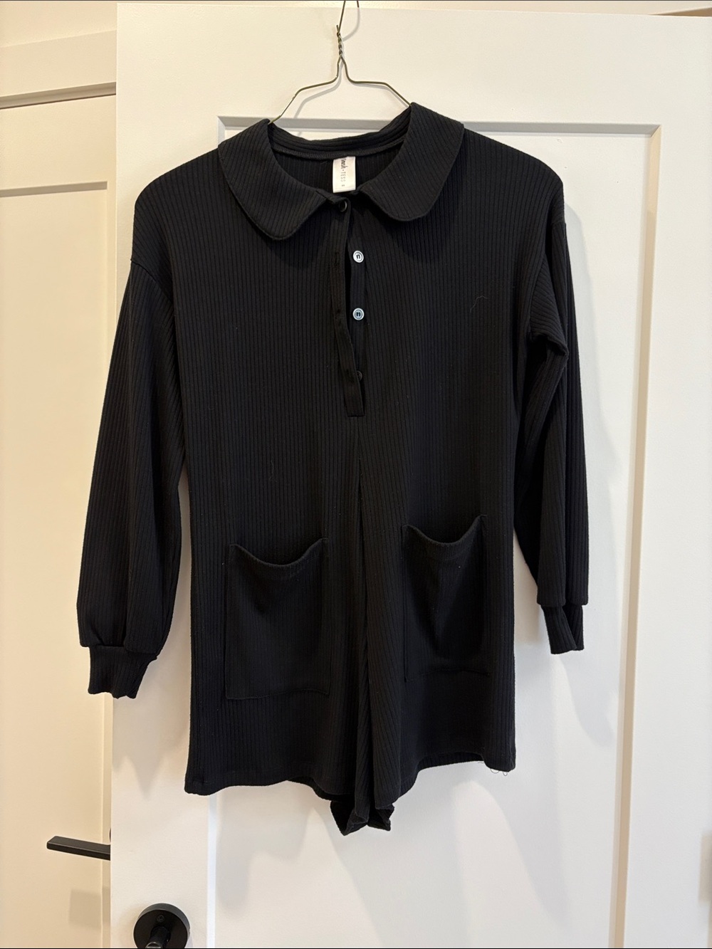 Smash + Tess Black Ribbed Long-Sleeve Polo Romper with Front Pockets